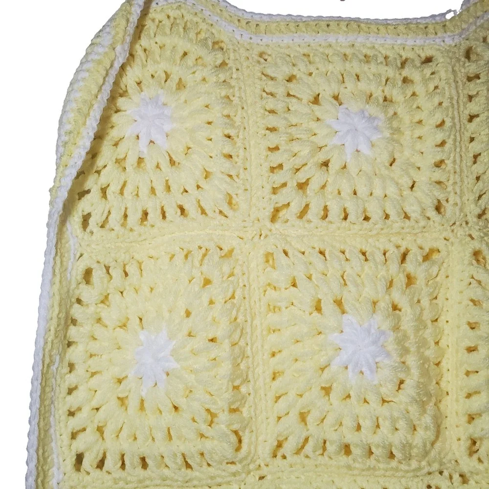 Handmade Crochet Baby Blanket Yellow White Granny Square Afghan‎ Nursery Throw